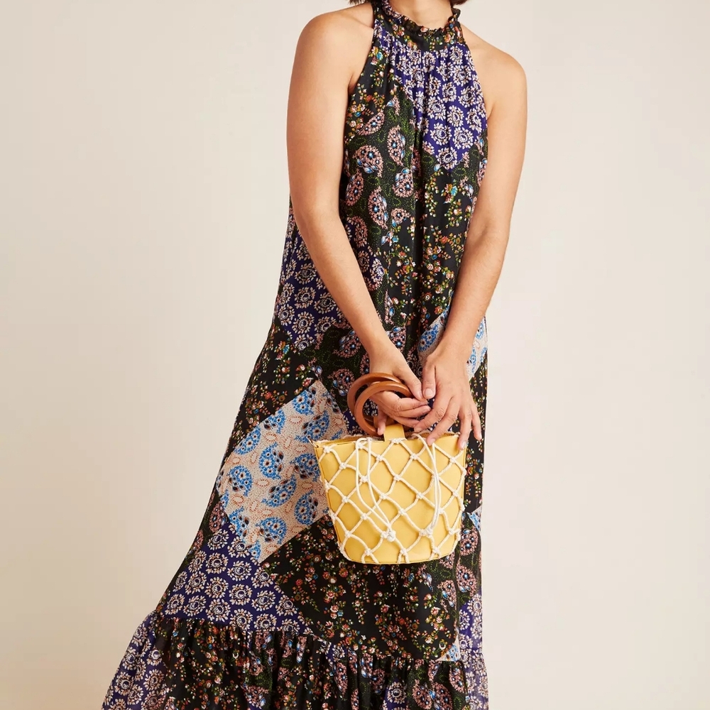 Maeve Anthropologie Katrina Black Floral Patchwork Sleeveless Tiered Maxi Small